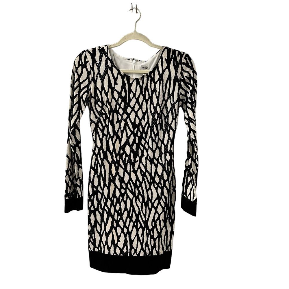 Vintage Cache Sheath Dress 2 Black‎ White Paillettes Clear Shimmer USA Zip Up